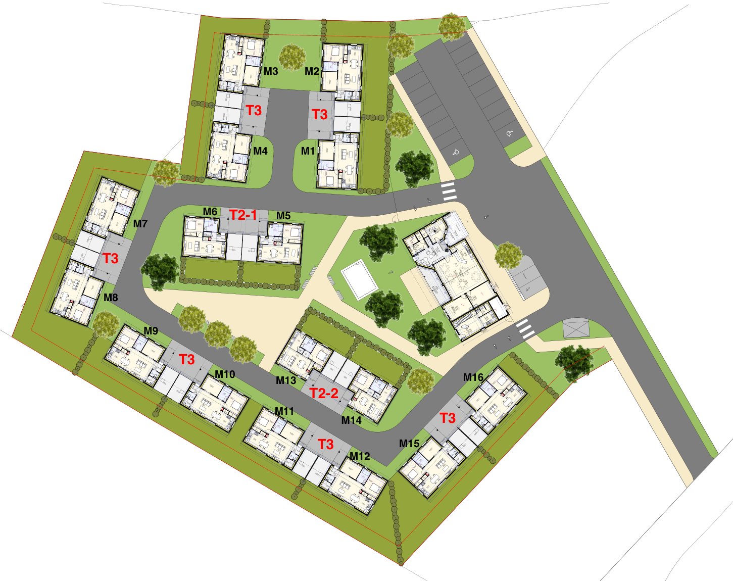 Plan masse du village : logements M1 à M16, maison commune, stationnement