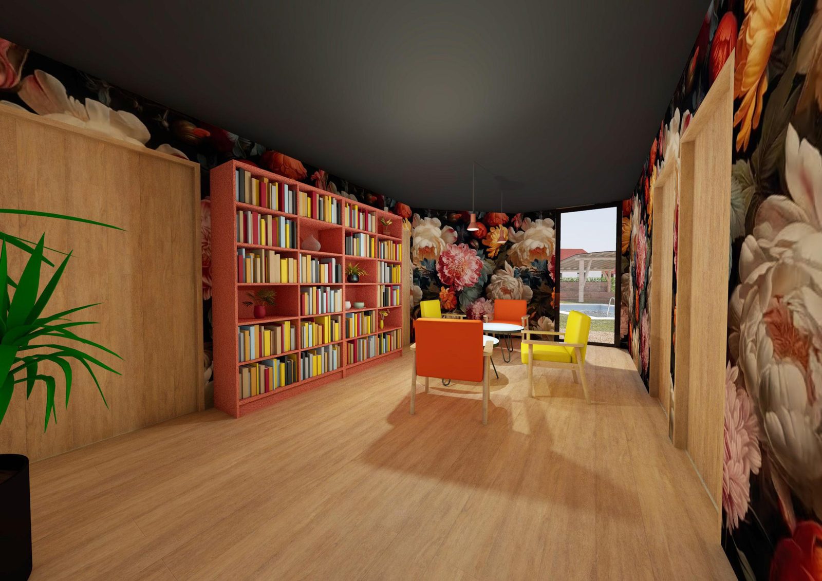 Le salon d'accueil et sa bibliothèque